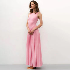 Solid-color round-neck backless sleeveless dress