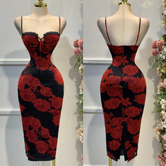 Lace suspender U-neck slim fit printed hip dress