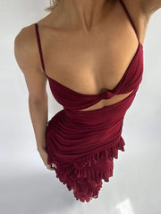 A Cutout Side-Slit Backless Mesh Halter Dress