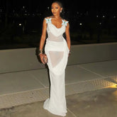 Swing neck mesh stitching suspender slim dress