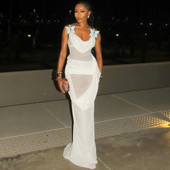 Swing neck mesh stitching suspender slim dress