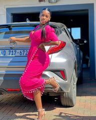 V-Neck High Waist tassel Mid-Length Hip Dress