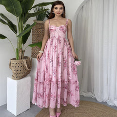 Fresh Halter Waist Printed Backless Dress