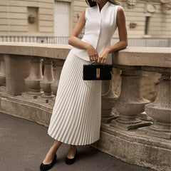 Button Solid Vest Top Pleated Skirt Set