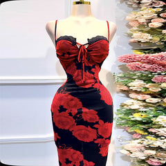 Lace suspender U-neck slim fit printed hip dress