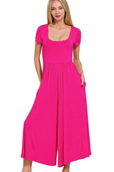 Hot Pink Summer Double Layered Short Sleeve Jumpsuit