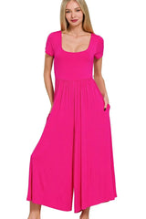 Hot Pink Summer Double Layered Short Sleeve Jumpsuit