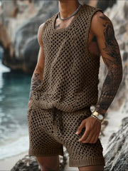 Men's Plus Size Hollow Out Round Neck Tank and Shorts Set