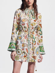 Vestido mini con mangas de trompeta, exquisito y estampado