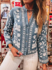 Floral Embroidered Denim Button-Up Top