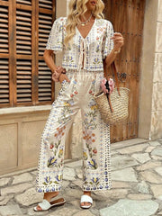 Printed Tie Front Short Sleeve Top and Pants Set