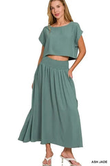 Ash Jade Heavy Woven Span Crop Tee & Skirt Set