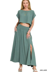 Ash Jade Heavy Woven Span Crop Tee & Skirt Set