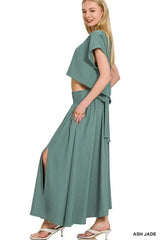 Ash Jade Heavy Woven Span Crop Tee & Skirt Set