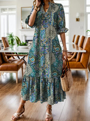 Bohemian Paisley Print Ruffle Hem Midi Dress