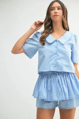 MABLE Collared Button Down Crop Top and Skort Set