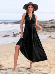 Black Halter Neck Beach Midi Dress Flowy Fit with Cinched Waist