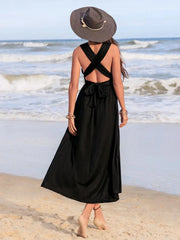 Black Halter Neck Beach Midi Dress Flowy Fit with Cinched Waist