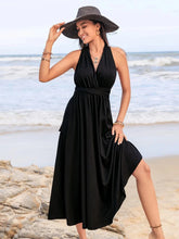 Black Halter Neck Beach Midi Dress Flowy Fit with Cinched Waist