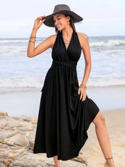Black Halter Neck Beach Midi Dress Flowy Fit with Cinched Waist