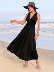 Black Halter Neck Beach Midi Dress Flowy Fit with Cinched Waist