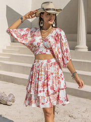 Blooming Breeze Printed Top & Layered Skirt Set