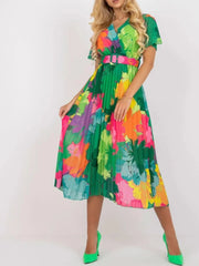 Blooming Pleated Midi Wrap Dress with Belt