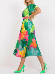 Blooming Pleated Midi Wrap Dress with Belt