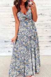 Blue Boho Paisley Maxi Dress Sleeveless Cutout Summer Sundress