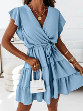 Boho V-Neck Wrap Style with Belted Waist and Tiered Skirt Dress