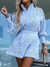 Button Detail Lace Lantern Sleeve Top and Shorts Set