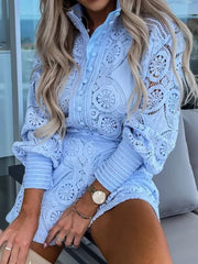 Button Detail Lace Lantern Sleeve Top and Shorts Set