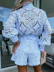 Button Detail Lace Lantern Sleeve Top and Shorts Set