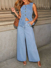 Button Down Vest and Wide Leg Jeans Denim Set