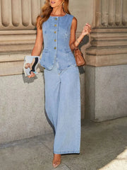 Button Down Vest and Wide Leg Jeans Denim Set