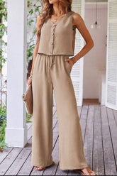 Button Down Vest & Drawstring Wide Leg Pants Set Chic & Effortless Style