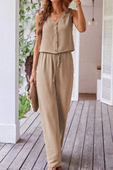 Button Down Vest & Drawstring Wide Leg Pants Set Chic & Effortless Style