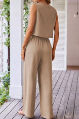 Button Down Vest & Drawstring Wide Leg Pants Set Chic & Effortless Style