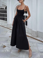 Spaghetti Strap Solid Color Slit Midi Dress