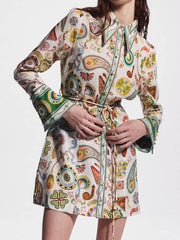 Vestido mini con mangas de trompeta, exquisito y estampado