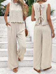 Comfort Meets Elegance: Tie Back Round Neck Top & Pants Set