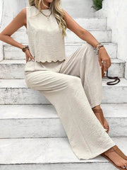 Comfort Meets Elegance: Tie Back Round Neck Top & Pants Set