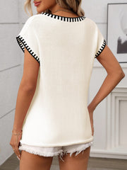 Contrast Trim V-Neck Short Sleeve Knit Top Effortlessly Chic
