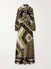 Langarm-Maxikleid mit abstraktem Retro-Print