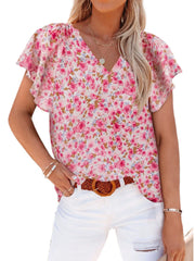 Flutter Sleeve Floral V-Neck Blouse Plus Size