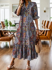 Bohemian Paisley Print Ruffle Hem Midi Dress