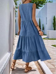 Decorative Button Notched Sleeveless Tiered Dress