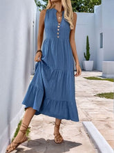 Decorative Button Notched Sleeveless Tiered Dress