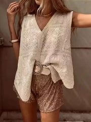 Vintage-Inspired Sleeveless Crochet V-Neck Vest