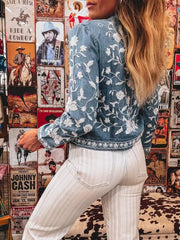 Floral Embroidered Denim Button-Up Top